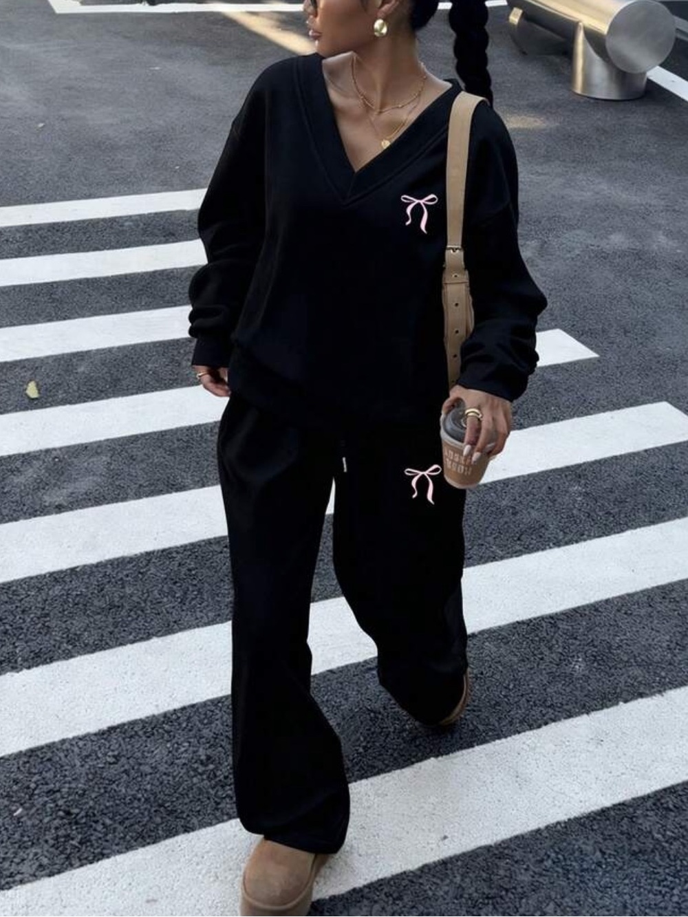 Black Women's V-Neck Sweatshirt & Wide-Leg Pants Set